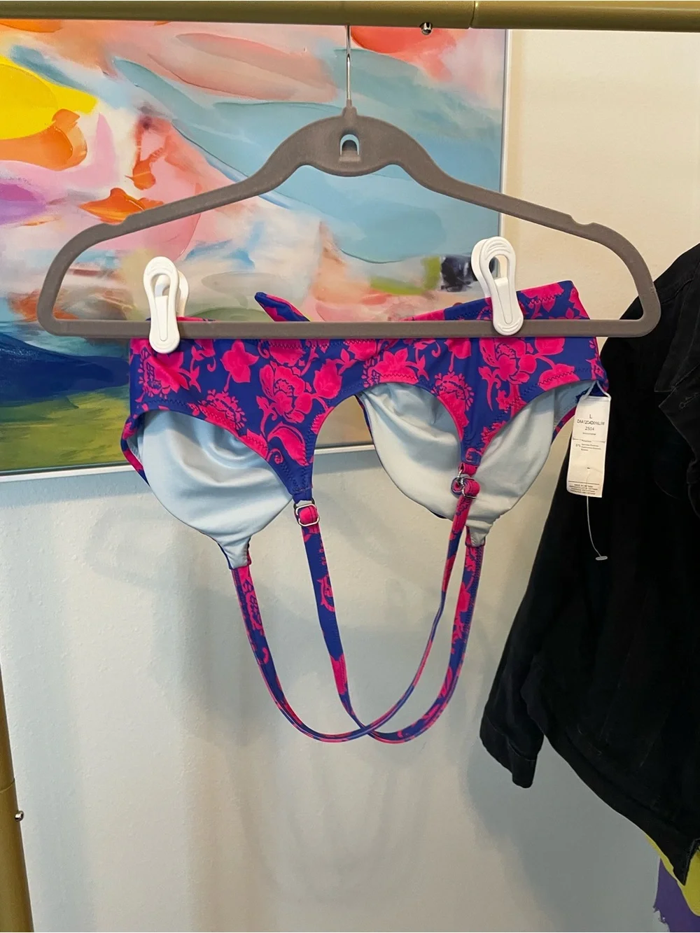 Bright‎ Floral Tie-Front Bikini Top Swim - Pink & Navy Large NWT